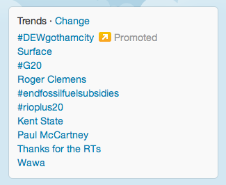 Screenshot of trending hashtags on Twitter. #EndFossilFuelSubsidies is fifth, right after "Roger Clemens."